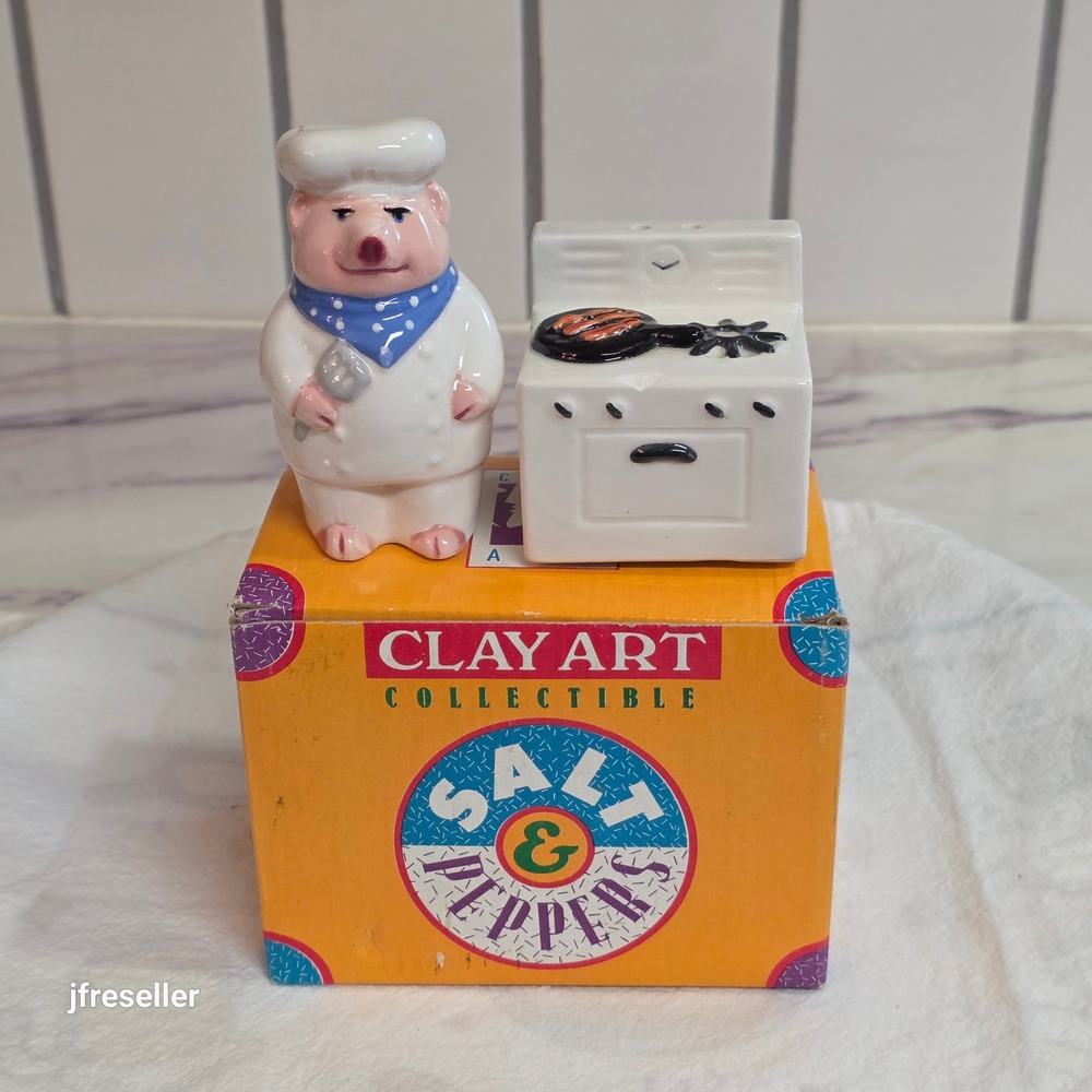 Clay Art Pig Chef and Stove Salt and Pepper Shakers Vintage Ceramic Set with Box